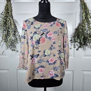 Marisol Womens Floral Blouse Tan Crochet Sleeve Sheer Lightweight Medium